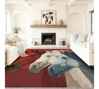 Genérico Alfombra Salon & Cocina Lavable Antideslizante - Rojo Arte Digital Estilo Vintage Animales Caballos Alfombra Pasillo de Dormitorio, Alfombras Silla Escritorio, Comedor, 90 x 150 cm