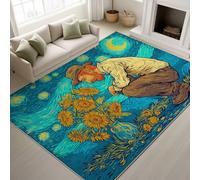 Genérico Alfombra Salon Dormitorio 60 x 100 cm, Vintage Pelo Corto Antideslizante Alfombras de Juegos para Entrada Guardería, Estrella Girasoles Nostálgico, Lavable Azul Turquesa Felpudo Entrada Casa