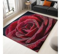 Genérico Alfombra Salon Pelo Corto 80 x 150 cm, Alfombra Interior Flores Botánicas Fácil de Limpiar Rosa Roja Gotas de Rocío para Pasillo salón y Dormitorio Cocina