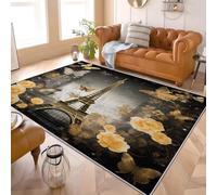 Genérico Alfombra Salon Pequeño 60x90 cm Lujo Flores Mariposas Torre Eiffel Antideslizante Alfombras Lavables en Lavadora Alfombra de Habitacion Oro Modernas Decoración Tapete Pelo Corto