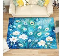 Genérico Alfombra Salon Pequeño 80x150 cm Plumas de Pavo Real Estilo Pintura Al óLeo Antideslizante Alfombras Lavables en Lavadora Alfombra de Habitacion Azul Modernas Decoración Tapete Pelo Corto