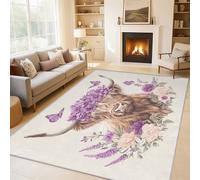 Genérico Alfombra Salon Vaca de Las Tierras Altas 180 x 240 cm, Alfombra Mariposa Flor Púrpura, Alfombras de Pelo Corto Suave Lavable Antideslizante para Dormitorio, Home Decoration P-&72