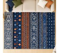 Genérico Alfombra Shagg de Pelo Corto para Salón - Suave, de Fácil Cuidado y de Pelo Bajo, con Diseño Étnico Rayas Decorativo,Patrón Multicolor en Azul Oscuro 80 x 150 cm