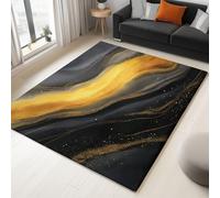 Genérico Alfombras Lavables para Sala de Estar Mármol Negro y Dorado Ola Lujo 160 x 230 cm, de Pelo Corto Suaves para Dormitorio - Antideslizantes, esponjosas de Lana sintética con Efecto
