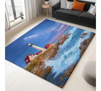 Genérico Alfombras Lavables Tema del Océano 80 X 150 Cm para Habitacion Comedor Cocina Oficina Infantil Habitacion Home, Cielo Estrellado Faro Cabaña Suave Y Confortable Azul Alfombra Decorativa