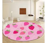 Genérico Alfombras Redonda Lavable, Rosa Alfombra Dormitorio Pelo Corto Suave - Cartoon Fresas Flores Moqueta de Grande Antideslizante Diámetro de 180 cm Imitación Cachemira para Interiores