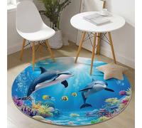 Genérico Alfombras Redonda Sala de Estar Antideslizante Mundo Submarino Delfín Ballena Tema, Azul Suave Franela Alfombras de Área para Dormitorio, Pelo Corto Lavable Alfombra Redonda 60 cm
