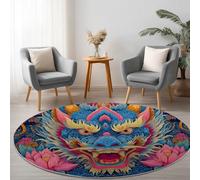 Genérico Alfombras Redonda Salon 160 cm, Animales Dragones Flores De Loto Lavable Alfombra de área, Alfombra Redonda de Salón Modernas Pelo Corto para Interior y decoración del hogar Color