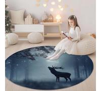 Genérico Alfombras Redonda Salon 180 cm, Animales Ciervos Bosque Lavable Alfombra de área, Alfombra Redonda de Salón Modernas Pelo Corto para Interior y decoración del hogar Azul Claro