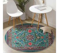 Genérico Alfombras Redondas Tradicional Ornamentado Bordado Persa Imprimir Antideslizante Alfombra Redonda 160 cm para Sala de Estar Dormitorio Estudiar Entrada, Pelo Corto Lavable Alfombras Turquesa