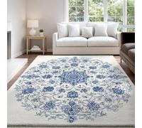 Genérico Alfombras ultrasuaves para Sala de Estar, 80 x 120 cm Estilo Persa Arte Simétrico Floral Lavable a máquina, Azul Blanco Alfombra Antideslizante de Pelo bajo para habitación de los