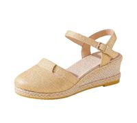 Genérico Alpargatas Sandalias Tacón Cuña Mujer Cerrado Frente Sandalia Plataforma de Encaje Zapato Mujer Verano Sandalia Cerrar Frente Color Sólido Zapatos Plataforma De Paja Elegant, beige, 40 EU