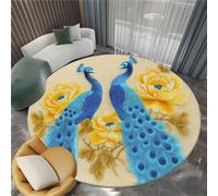 Genérico Amarillo Alfombra Redonda Antideslizante Pintura Al Óleo Pavo Real Azul Flores Amarillas 60 cm Alfombra Redonda Muy Suave, para Salón Cocina Entrada Comedor Dormitorio Lavable a Máquina