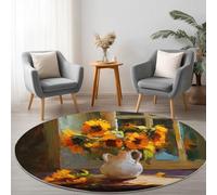 Genérico Amarillo Alfombra Redonda Lavable a máquina 90 cm, Girasol sobre Un Escritorio Pintura ÓleoRedonda Alfombra Antideslizante Resistente a Las Manchas, para salón Oficina y decoración del hoga