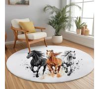 Genérico Antideslizante Alfombra Redonda - 150 x 150 cm - Animal Acuarela Caballo Estampada Suaves Lavable alfombras, Blanco Estampado Alfombra para Dormitorio Comedor Sala de Estar decoración