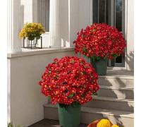Genérico Artificial Mums for Outdoors, Artificial Outdoor Sunset Mums Flowers, UV Resistant, Waterproof, Windproof, Fake Fall Flower Daisy with Eucalyptus,Decoration for Home Porch (Red,5pcs)