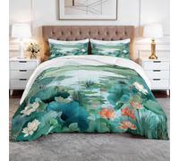 Genérico Azul Edredón Nórdico Tradicional Flores Montañas Trapunta con Acolchado en Diamante, Microfibra Premium, Suave y Transpirable - Todo en Uno, Set de Ropa de Cama 220 x 220 cm 3 Piezas