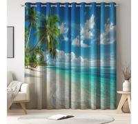 Genérico Azul Lago Cortinas Opacas térmicas con Abstracto Isla Playa Olas, 2 Paneles con Ojales para balcón, ventanales o salón, Aislamiento térmico, privacidad y protección Solar, 100 x 220 cm