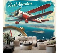 Genérico azul papel pintado panorámico 3D 250 x 175 cm, avión brújula océano papel pintado no tejido de alta calidad, mural moderno, decoración para sala de estar, habitación infantil, fondo de TV