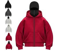 Genérico Balaclava Hoodie with Built In Balaclava, Double Hooded Zip Jacket with Mask, Wind-Resistant Winter Hoodies for Men (Red2-Zipper,L)