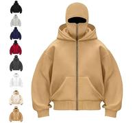 Genérico Balaclava Hoodie with Built In Balaclava, Double Hooded Zip Jacket with Mask, Wind-Resistant Winter Hoodies Unisex (Camel,3XL)