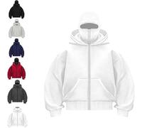 Genérico Balaclava Hoodie with Built In Balaclava, Double Hooded Zip Jacket With Mask, Wind-resistant Winter Hoodies for Men Women (White,XXL)