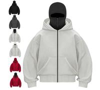 Genérico Balaclava Hoodie with Built In Balaclava, Double Hooded Zip Jacket with Mask, Wind-Resistant Winter Hoodies for Men (Gray2-Zipper,XL)