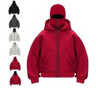 Genérico Balaclava Hoodie with Built In Balaclava, Double Hooded Zip Jacket with Mask, Wind-Resistant Winter Hoodies for Men (Red1-Zipper,S)