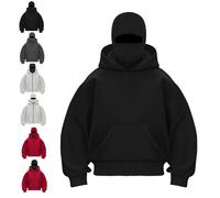 Genérico Balaclava Hoodie with Built In Balaclava, Double Hooded Zip Jacket with Mask, Wind-Resistant Winter Hoodies for Men (Black-Pullover,S)