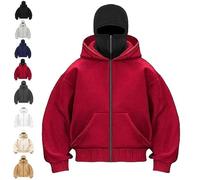 Genérico Balaclava Hoodie with Built In Balaclava, Double Hooded Zip Jacket with Mask, Wind-Resistant Winter Hoodies Unisex (Red,XXL)