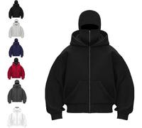 Genérico Balaclava Hoodie with Built In Balaclava, Double Hooded Zip Jacket With Mask, Wind-resistant Winter Hoodies for Men Women (Black,S)