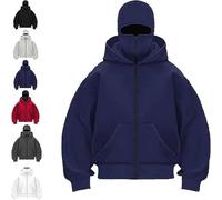 Genérico Balaclava Hoodie with Built In Balaclava, Double Hooded Zip Jacket With Mask, Wind-resistant Winter Hoodies for Men (Navy Blue)