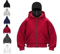 Genérico Balaclava Hoodie with Built In Balaclava, Double Hooded Zip Jacket With Mask, Wind-resistant Winter Hoodies for Men Women (Red,XXL)