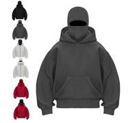 Genérico Balaclava Hoodie with Built In Balaclava, Double Hooded Zip Jacket with Mask, Wind-Resistant Winter Hoodies for Men (Gray-Pullover,XXL)