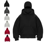 Genérico Balaclava Hoodie with Built In Balaclava, Double Hooded Zip Jacket with Mask, Wind-Resistant Winter Hoodies for Men (Black-Zipper,XXL)