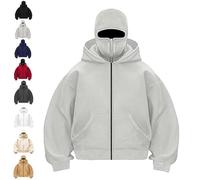 Genérico Balaclava Hoodie with Built In Balaclava, Double Hooded Zip Jacket with Mask, Wind-Resistant Winter Hoodies Unisex (Light Grey,3XL)