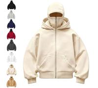 Genérico Balaclava Hoodie with Built In Balaclava, Double Hooded Zip Jacket with Mask, Wind-Resistant Winter Hoodies Unisex (Beige,L)