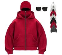 Genérico Balaclava Hoodie with Mask Built in, Double Hooded Zip Up Jacket Wind-resistant Winter Face Covering Hoodies for Men (Red1,XXL)