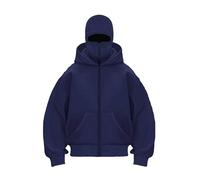Genérico Balaclava Ninja Zipper Hoodie With Built In Balaclava, Double Hooded Jacket Hoodie With Mask, Wind-Resistant Winter Hoodies (Navy blue (zipper),XL)