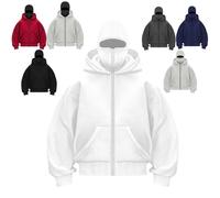 Genérico Balaclava Ninja Zipper Hoodie With Built In Balaclava, Double Hooded Zip Up Long Sleeve Windproof Sweatshirt With Mask (White (Zipper),L)