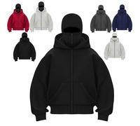 Genérico Balaclava Ninja Zipper Hoodie With Built In Balaclava, Double Hooded Zip Up Long Sleeve Windproof Sweatshirt With Mask (Black (Zipper),3XL)