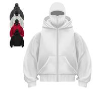 Genérico Balaclava Ninja Zipper Hoodie With Built In Balaclava,Double Hoodie Jacket With Mask,Winter Hoodies For Unisex (White-Zipper,XXL)