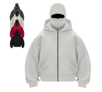 Genérico Balaclava Ninja Zipper Hoodie With Built In Balaclava,Double Hoodie Jacket With Mask,Winter Hoodies For Unisex (Light Gray B-Zipper,L)