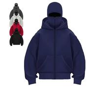 Genérico Balaclava Ninja Zipper Hoodie With Built In Balaclava,Double Hoodie Jacket With Mask,Winter Hoodies For Unisex (Navy Blue-Zipper,M)