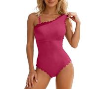 Genérico Bañador Mujer Natacion Reductor Traje de Baño Trajes de Baño Un Solo Hombro con Canalé Festoneado para Mujer,Trajes Retro con Cuello Cuadrado,Bañador Pantalon (Hot Pink,XL)