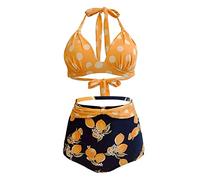 Genérico Bañador Negro Mujer Tankini Mujer Reductor Barriga Conjunto de Bikini de Cintura Alta con Cuello Lunares Retro Traje Baño Piezas Bañador Volantes Bañadores (Yellow,XXXL)