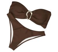 Genérico Bañador Tanga Mujer De Mujer Tallas Grandes Conjunto De Bikini Bikini Color Liso con Accesorio Metal Colgante Y Cuello Sin Tirantes Dividido Bañadores Talla Grande Coffee M