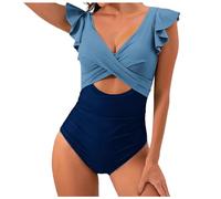 Genérico Bañador Vientre Plano Bañadores Mujer Monokini con Volantes En Los Bordes Y Cuello En V con Cintura Alta Y Recortes Que Cruzan La Barriga Traje De Baño para Mujer Favorecedor Coqueto