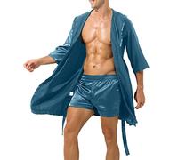 Genérico Bata de Hombre Verano Kimono de Satén Bata Baño Larga para Casa Pijama Seda Pijamas para Hombre Albornoz para Sauna, cómodo Manga Corta Albornoces de Verano