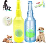 Genérico Beer Bottle with Tennis Ball Dog Chew Toy, Rubber Bottle Cute Squeaky Dog Toys Bottle,Interactive Bottle Toys for Dogs with Ball, for Play and Training (Yellow +Blue, Grande)
